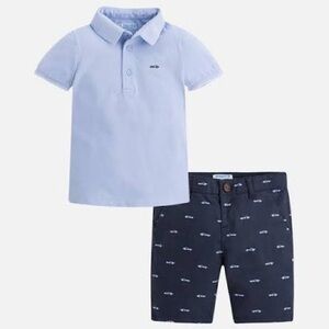 Size 4 Boys Mayoral Sky Blue Polo and Dark Navy Shorts Set